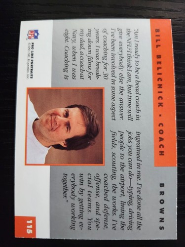 1991 Pro Line Portraits - #115 Bill Belichick (RC) Browns Patriots - Picture 2 of 2