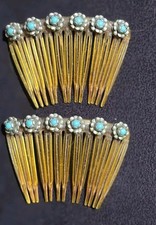 Antique Celluloid Hair Combs w/ Faux Turquoise Floral Inlay Rare Matching Pair