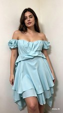 Light Blue Off Shoulder Ruffle Mini Dress Puff Sleeve Tiered Skirt Evening Dress