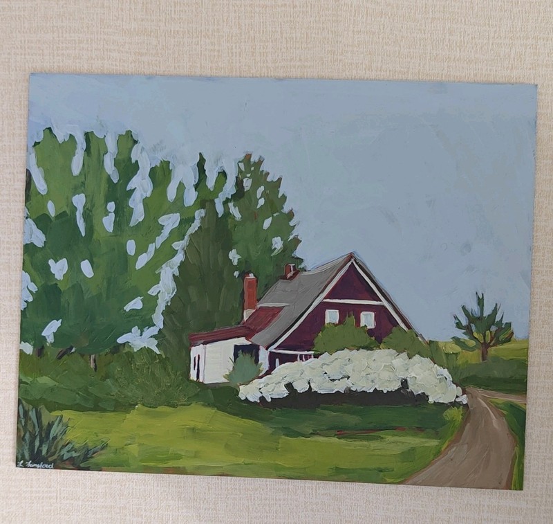 Original Farmhouse Landscape Painting Red Country House 11x14 Acrylic Art