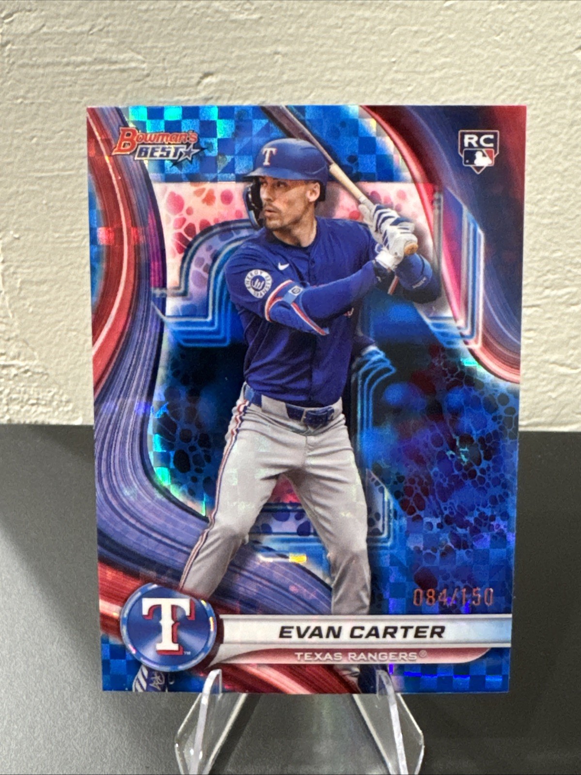 2024 Bowman's Best Evan Carter RC Blue Refractor Rookie #84/150 Rangers