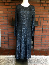ANN TAYLOR Black Sequin Long Sleeve Special Occasion Cocktail Midi Dress 8P NWT