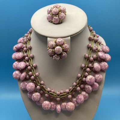 Vintage Kramer Signed Pink Purple Marbled Lucite Bead Necklace Clip Earring Set