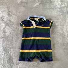 Ralph Lauren Romper Baby Boys 9M Green Navy Stripe Polo Shortall Bodysuit