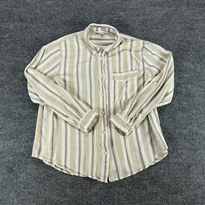 Jane + Delancey Tan Cream Striped Button Down Roll Tab Sleeve Shirt Large