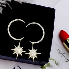 Women Fashion Chic Rhinestone Moon Star Dangle Ear Stud Earring Jewelry