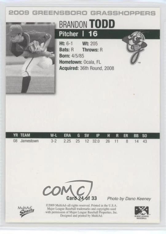 2009 MultiAd Sports Greensboro Grasshoppers Brandon Todd #24 - Image 2 of 2