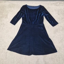 M&S Skater Dress UK 12 Velvet Velour Navy Blue Evening Christmas Party Stretchy