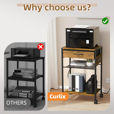 3-Tier Printer Stand with Charging Station, Wood  Metal Printer Table with S...