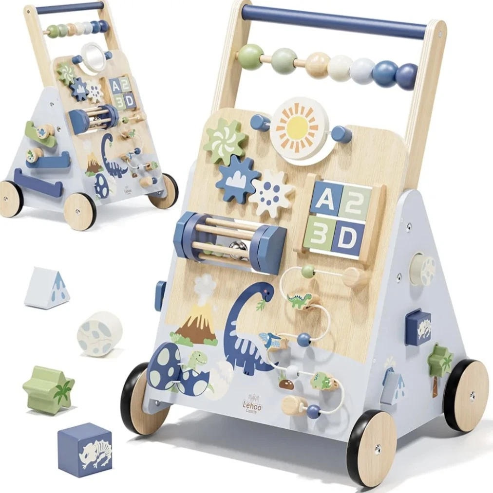 Wooden Baby Walker Push Along Activity Busy Board Dinosaur Unisex Blue