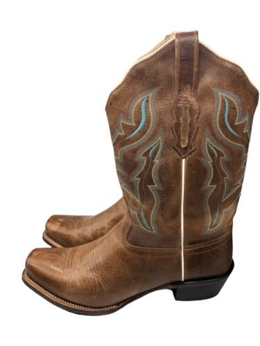 Old West Cowboy Boots Size 10 Womens Brown Blue Stitched Leather Cowgirl Western - Picture 4 of 10