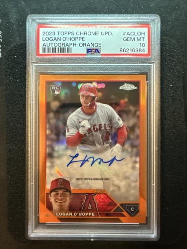 2023 Topps Chrome Logan O’Hoppe RC True Orange Rfctr Auto 22/25 AC-LOH PSA 10