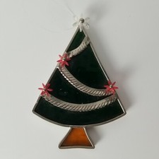 VTG Stained Leaded Glass Green Christmas Tree Holiday Decor Window Suncatcher
