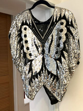 Vintage Silver Sequin SILK Butterfly Top LARGE Made in India