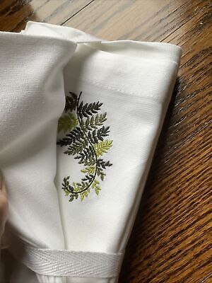 4 World Market Embroidered Botanical White Cloth Napkins Green Leaves 20”  Square