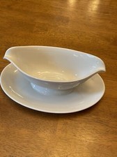 White Gravy Boat with attached Plate 9 1/2  Brand Unknown