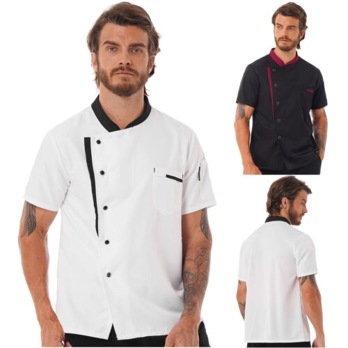 Mens Chefs Coat Short Sleeve Button Down Jackets Restaurant Kitchen Uniform Tops - Picture 1 of 24
