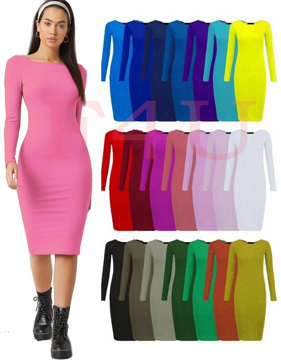 Womens Ladies Long Sleeve Midi Dress Bodycon Stretch Plain Jersey Maxi Plus  Size