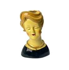 Vintage 1980s Lady Head Vase Red Lipstick Necklace Ceramic Hand Painted Figurine
