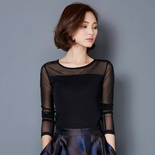 Womens Mesh Sheer Full Sleeve T-shirt See Through Top Shirt Blouse Stretch SPW - Bild 14 von 27