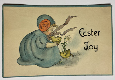 Antique Postcard ''Easter Joy'' Girl blue coat and bonnet with chicks and daffodil