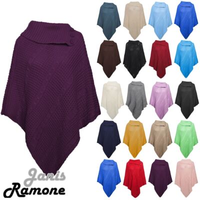 Damen Poncho Zopfmuster 3 Knöpfe Winter Cape Wickel Schal Cardigan Pullover Oberteil