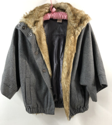 Ark Wool Blend Faux Fur Collar Kimono Sleeve Jacket Women's Size  Small