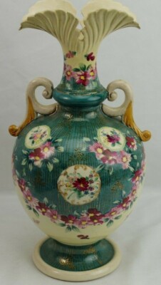 Amphora Vase Unmarked Hand Painted Fan Top Pink Flowers Green 
