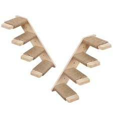 2 Pack Cat Wall Shelves with Four Jute Scratching Steps, Oak Wood Cat Wall St...