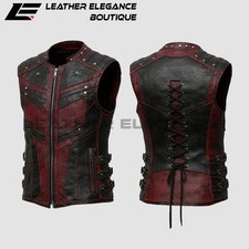 Men's Black  Red Gothic Leather Vest Steampunk Vampire Punk Biker Vest