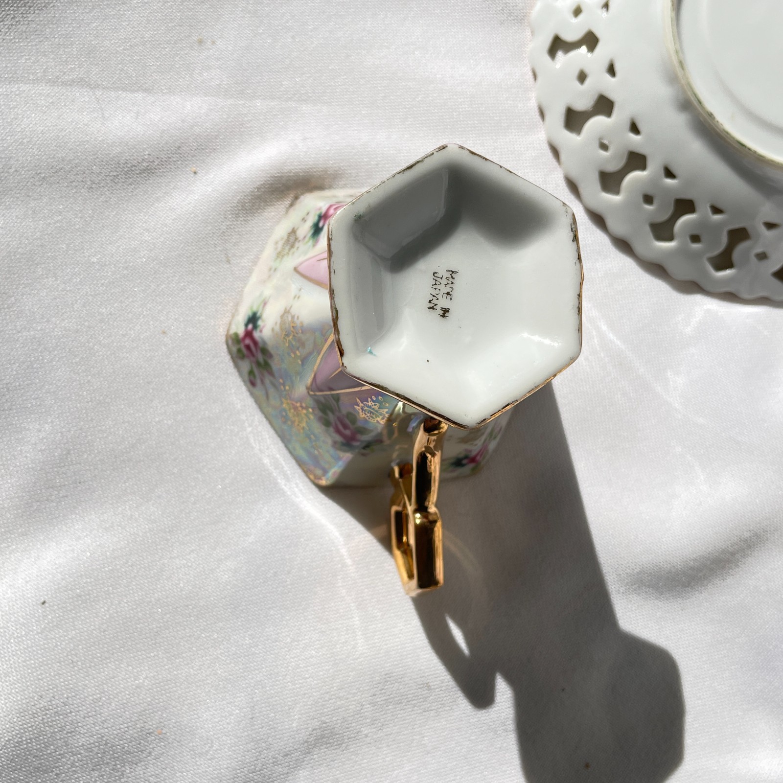 Vintage Bone China Lusterware Footed Teacup Pierced Saucer Small Roses Japan