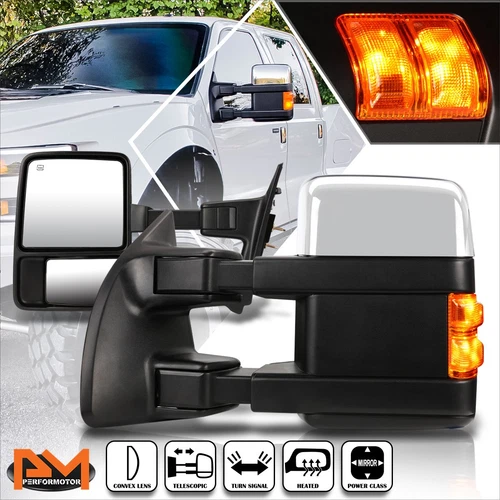 For 08-16 Ford Super Duty Powered+Heat Chrome Towing Mirror+LED Signal Lamp Pair