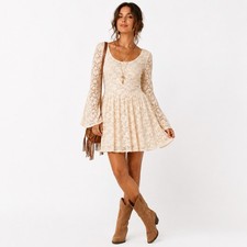Free People Ivory Cream Lace Long Sleeve Mini Dress Boho Scoop Back Size XS Chic