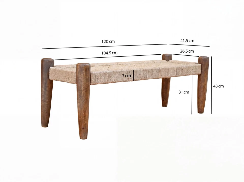 Banc 120cm Jute Banc d'entrée Bois Massif Banc de lit Chambre à coucher - Photo 3/4