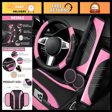6 Pcs Pink Steering Wheel Cover Set Microfiber Leather Universal 14.5-15 Car