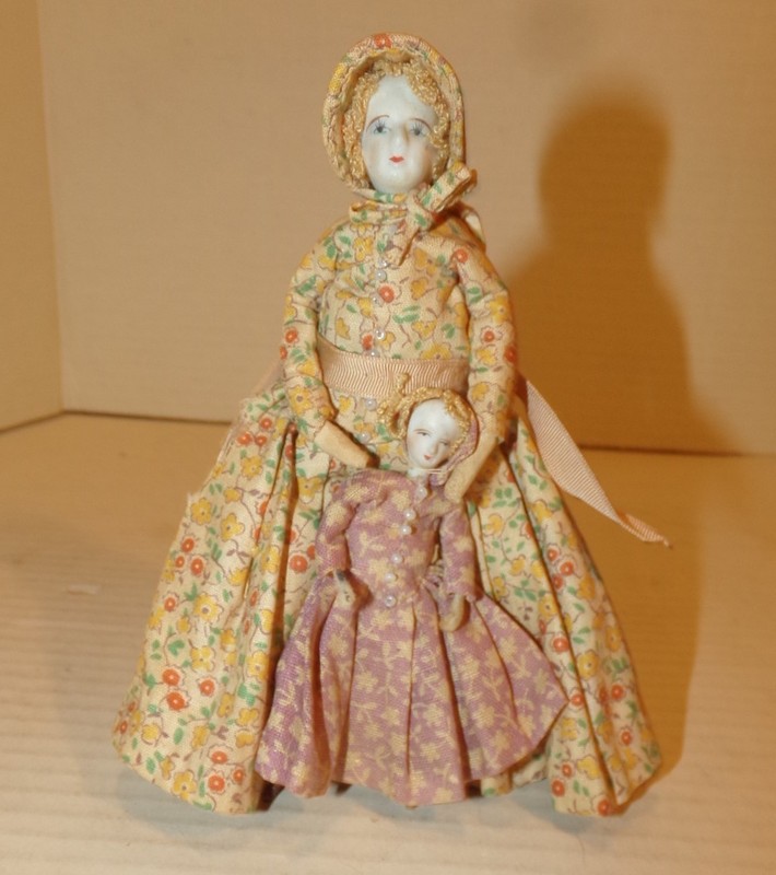 Vintage Small Antique Mother / Daughter Bisque / Porcelain Hand Made Artist Doll