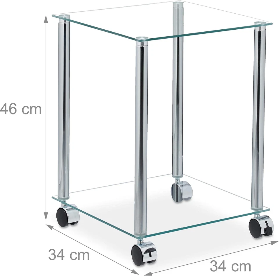 Tavolino Con Ruote, 2 Ripiani, Quadrato, per Salotto, Vetro E Acciaio, Tavolo Da - Immagine 3 di 4