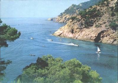 Cala Pola Tossa de Mar Costa Brava Spanien Vintage Postkarte Boote Segelboot