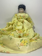 Vintage China Head Doll Black Hair Porcelain Head Cloth Body Floral DressAntique