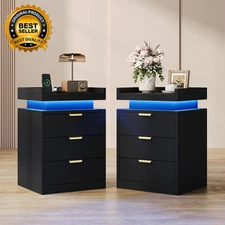 LED Nightstand Set of 2 with Charging Station USB Ports 3-Drawer Bedside Table