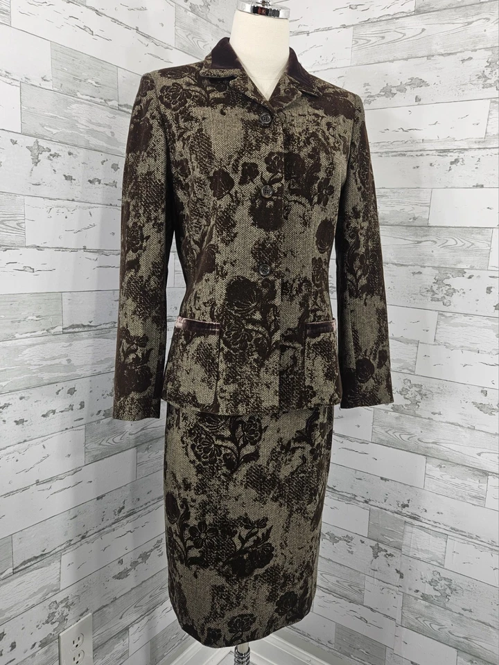 Traje floral Kasper mezcla de lana tweed terciopelo marrón para mujer 8 negocios carrera Foto 2 de 4