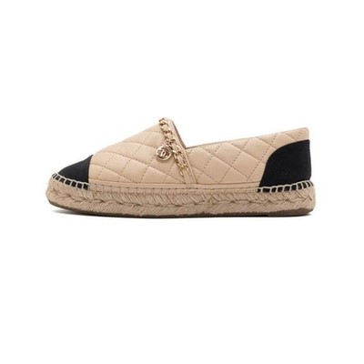 CHANEL Beige Lamm CC Anhänger Gold Kette Espadrille Damen Slipper 156957988 [U]