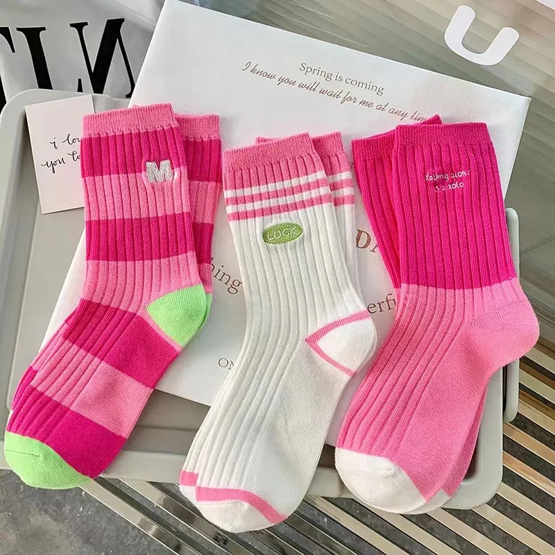 Women Cotton Long Socks Medium Tube White Stripe Breathable Embroidery Socks - Image 3 of 4