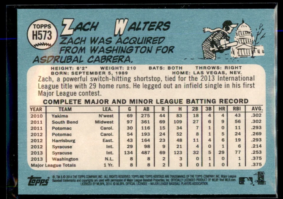 2014 Topps Heritage High Number Zach Walters RC #H573 Cleveland Indians - Image 2 of 2