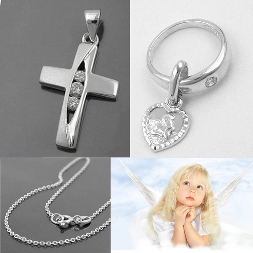 FACHHANDEL-DIREKT Taufe Schmuck Zirkonia Kreuz mit Engel Herz Taufring und 38 cm Kette Silber 925