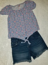 Justice 12 Supet Soft Floral Tie Top Dark Wash Midi Shorts Outfit