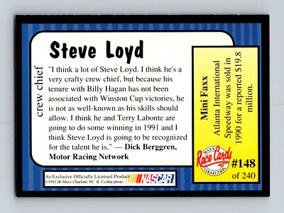 1991 Maxx Nascar Race Card #148 Steve Loyd Crew Chief | eBay