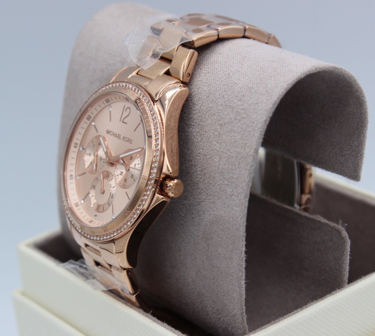 NEW AUTHENTIC MICHAEL KORS RILEY ROSE GOLD CRYSTAL CHRONO WOMEN