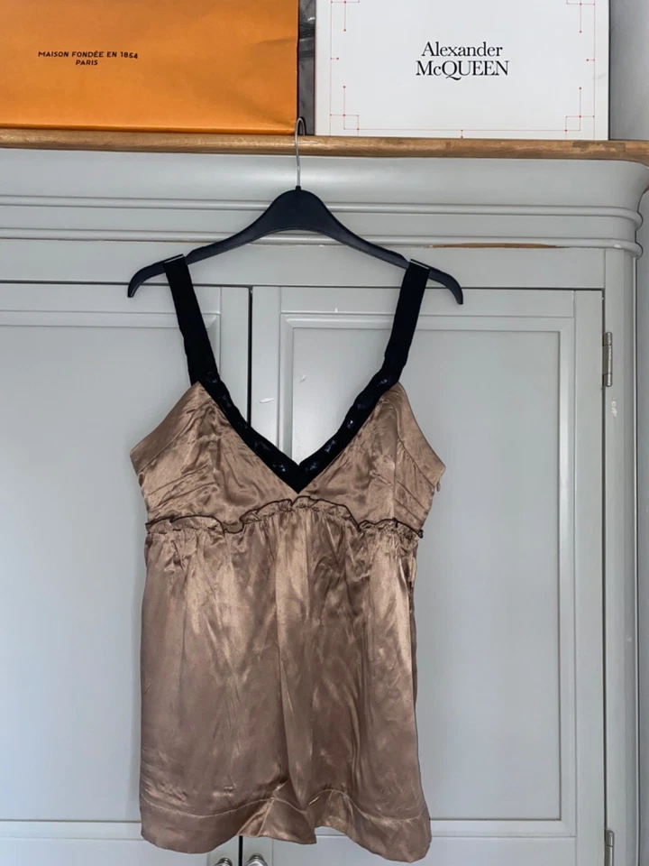 EVIE коричневый атласный Cami размер 12 кружева блестки регулируемые ремни Y2K 2000-х выход - Изображение 2 из 4