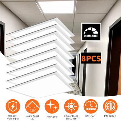 8 Pack 2x2FT LED Flat Panel Light 5400LM 45W 5000K Dimmable Drop Ceiling Office